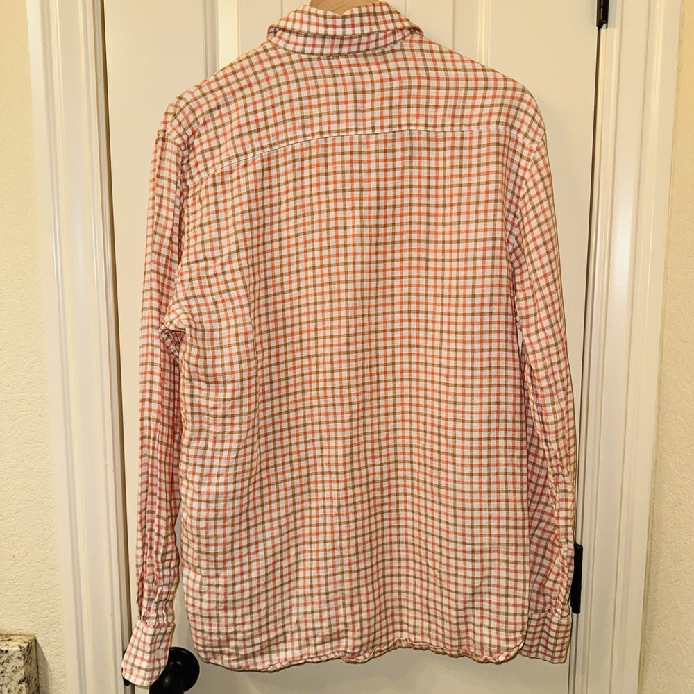 Toscano Patrick Assaraf Men's M Linen Shirt Orange Plaid Gingham Long Sleeve - Picture 7 of 7
